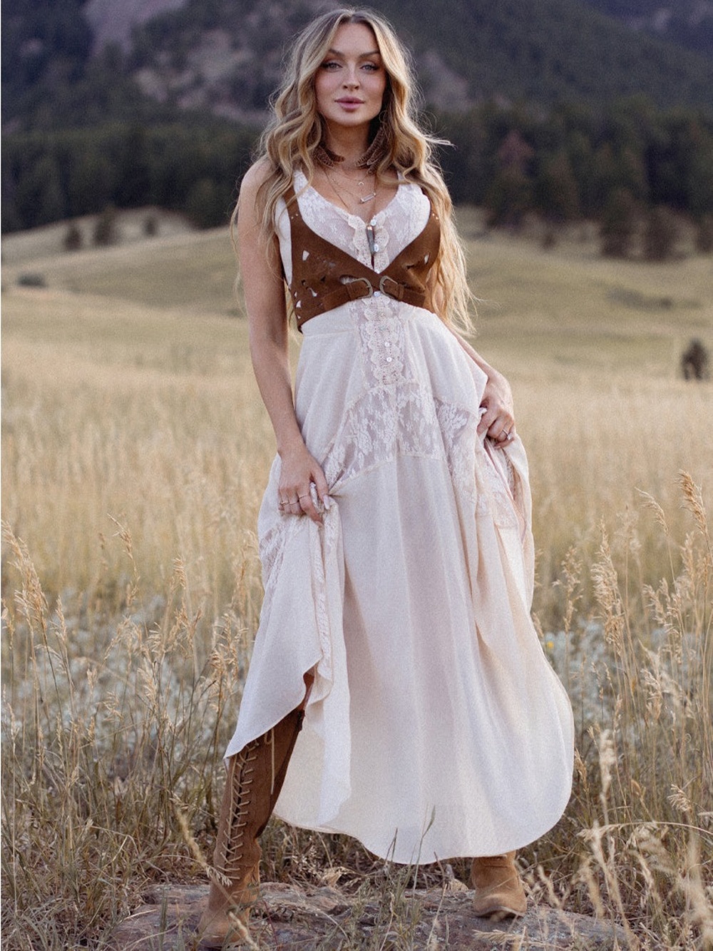 Joyfolie Cream Lace V-Neck Bridal Dress with Button Front